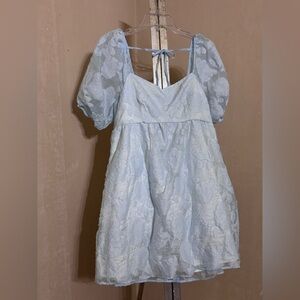 SHEIN Light Blue Lace Dress with Puff  Sleeves Sz S